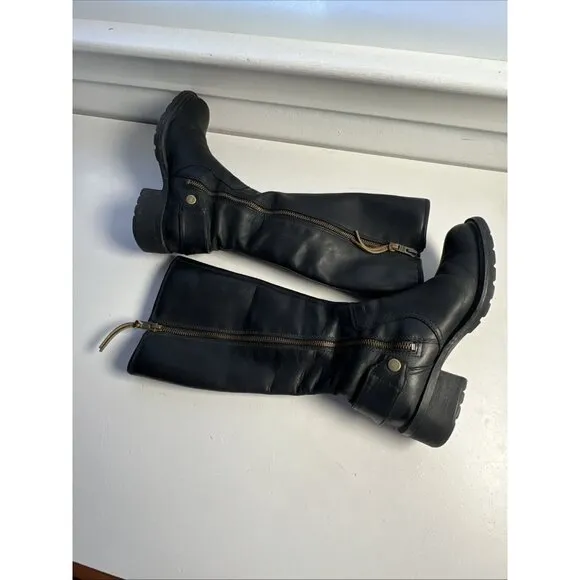 Timberland Tall Riding Boots Black Distressed Leather 61629 Buckles Side Zip 5.5