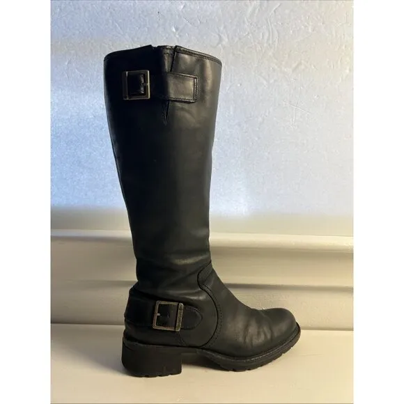 Timberland Tall Riding Boots Black Distressed Leather 61629 Buckles Side Zip 5.5