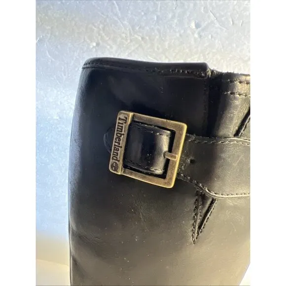 Timberland Tall Riding Boots Black Distressed Leather 61629 Buckles Side Zip 5.5