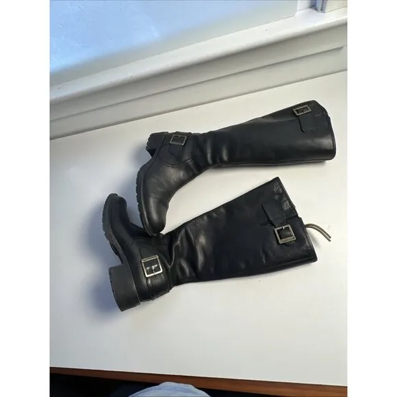 Timberland Tall Riding Boots Black Distressed Leather 61629 Buckles Side Zip 5.5
