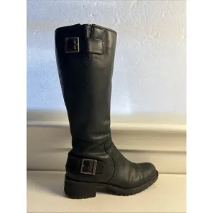 Timberland Tall Riding Boots Black Distressed Leather 61629 Buckles Side Zip 5.5
