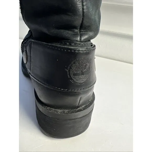 Timberland Tall Riding Boots Black Distressed Leather 61629 Buckles Side Zip 5.5