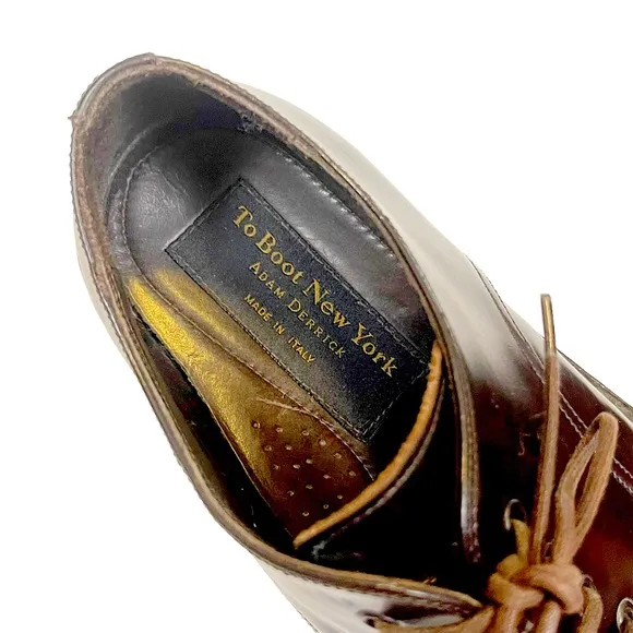 TO BOOT NEW YORK Dark Brown Patent Leather Chunky Lace Up Round Toe Derby Loafer