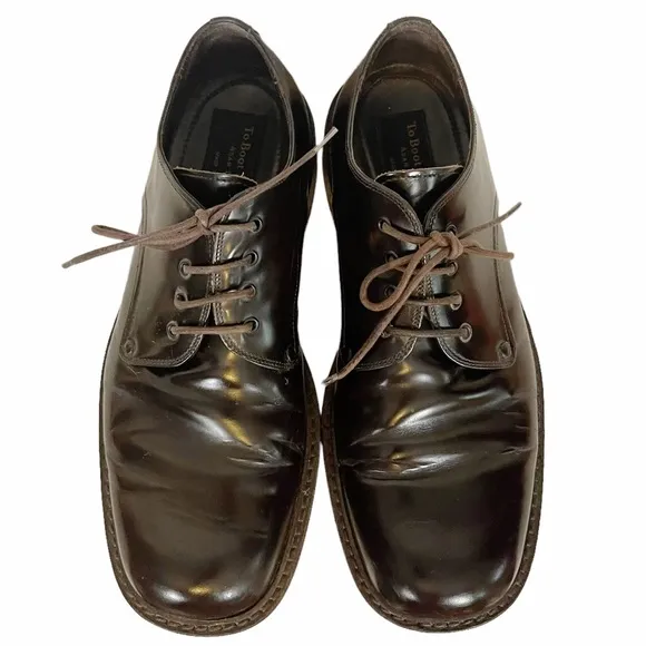TO BOOT NEW YORK Dark Brown Patent Leather Chunky Lace Up Round Toe Derby Loafer