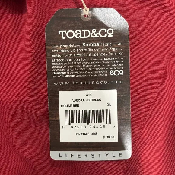 Toad&amp;Co Aurora Long Sleeve Dress House Red Slouch Boat Neck Women’s Size XL