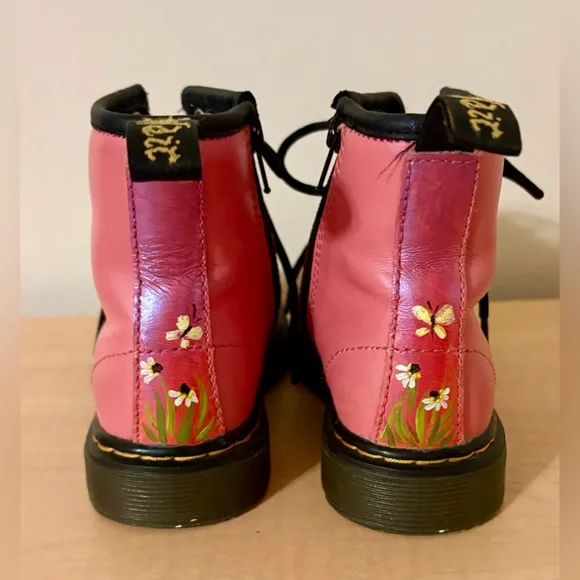 Toddler Dr. Marten Pink Patent Boots with Hand Painted Flowers US 9