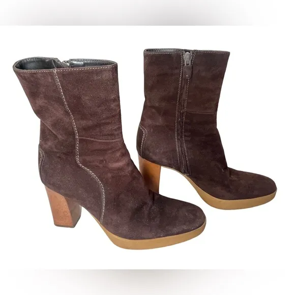 TODS Platform Heel Boots BROWN SUEDE Side Zip Ankle Booties Womens Sz 6 EU 36.5
