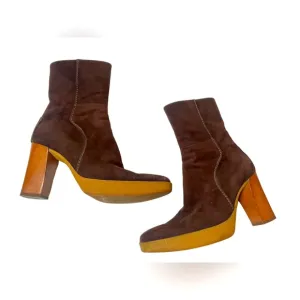TODS Platform Heel Boots BROWN SUEDE Side Zip Ankle Booties Womens Sz 6 EU 36.5