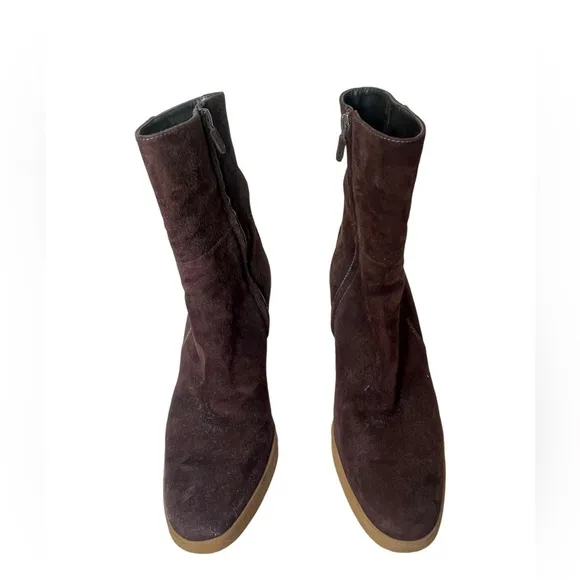 TODS Platform Heel Boots BROWN SUEDE Side Zip Ankle Booties Womens Sz 6 EU 36.5