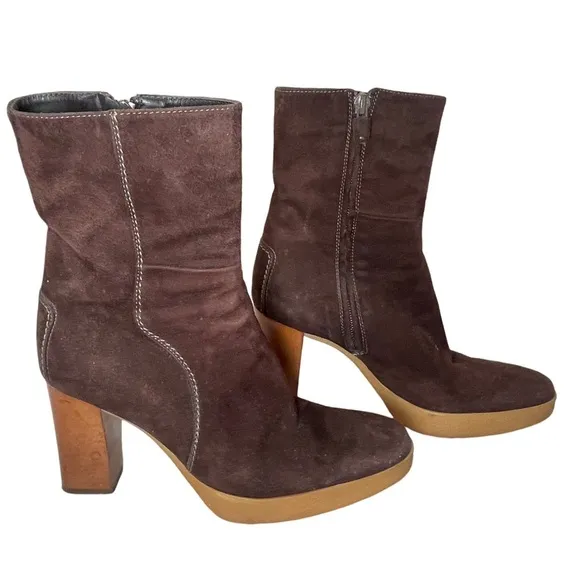 TODS Platform Heel Boots BROWN SUEDE Side Zip Ankle Booties Womens Sz 6 EU 36.5