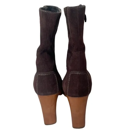 TODS Platform Heel Boots BROWN SUEDE Side Zip Ankle Booties Womens Sz 6 EU 36.5