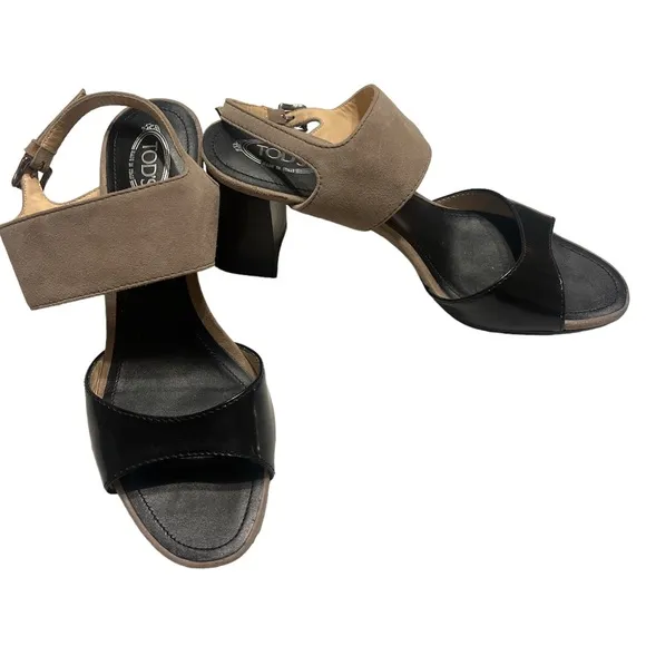 TODS | Tan Black Leather Suede Ankle Strap Block Heels Sandals Size 38