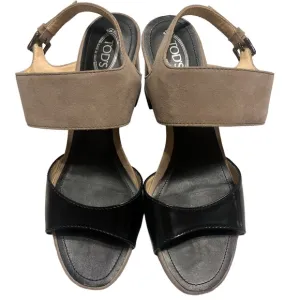 TODS | Tan Black Leather Suede Ankle Strap Block Heels Sandals Size 38