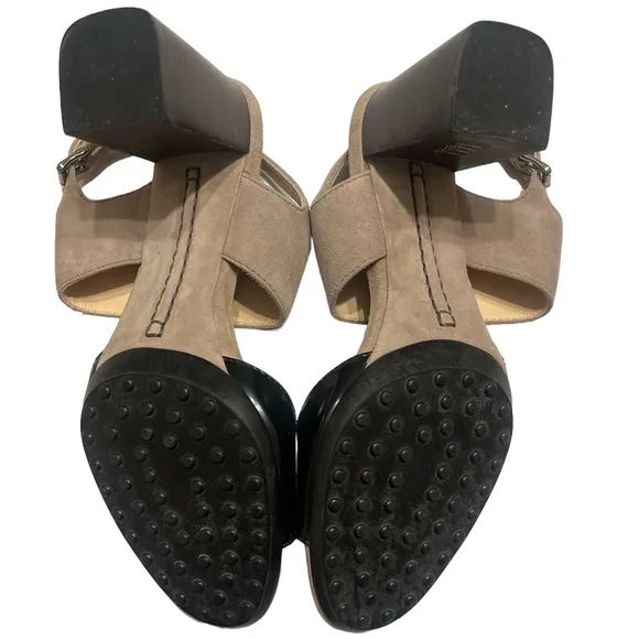 TODS | Tan Black Leather Suede Ankle Strap Block Heels Sandals Size 38