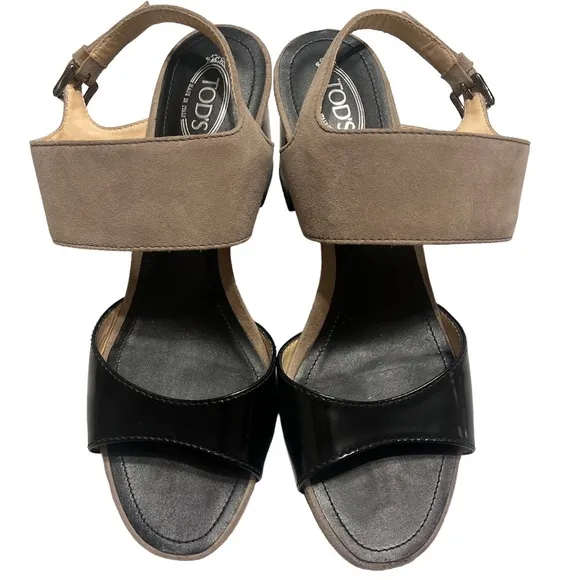 TODS | Tan Black Leather Suede Ankle Strap Block Heels Sandals Size 38