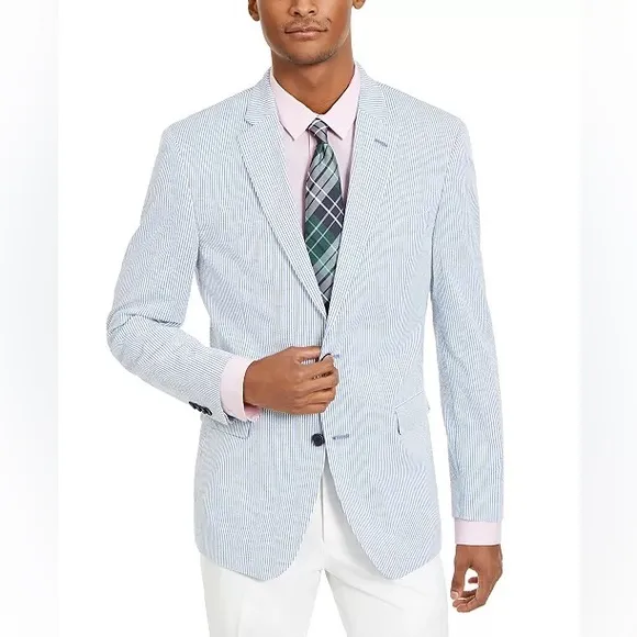 Tommy Hilfiger Men's Blue and White Seersucker Blazer