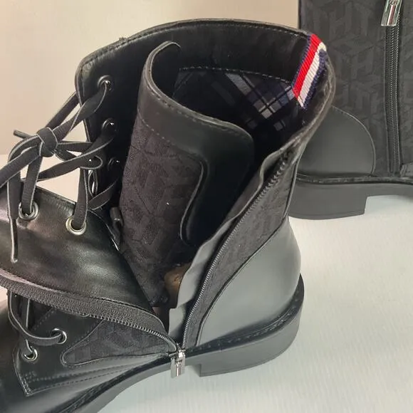 Tommy Hilfiger Women’s Combat Boots 9M Black Monogram Lace-Up Side Zip Round Toe