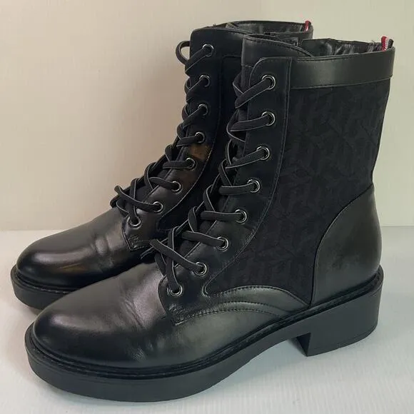 Tommy Hilfiger Women’s Combat Boots 9M Black Monogram Lace-Up Side Zip Round Toe