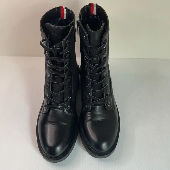 Tommy Hilfiger Women’s Combat Boots 9M Black Monogram Lace-Up Side Zip Round Toe