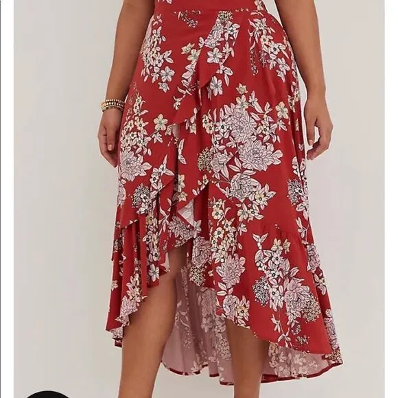 Torrid Floral Print Boho Hi-Lo Ruffle Maxi Skirt Contemporary Festival Feminine