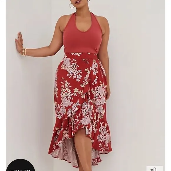 Torrid Floral Print Boho Hi-Lo Ruffle Maxi Skirt Contemporary Festival Feminine