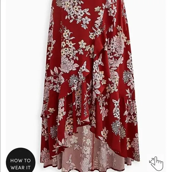 Torrid Floral Print Boho Hi-Lo Ruffle Maxi Skirt Contemporary Festival Feminine