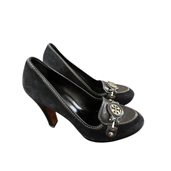 Tory Burch 7.5 Joan pump Black Suede Logo round toe Shoes