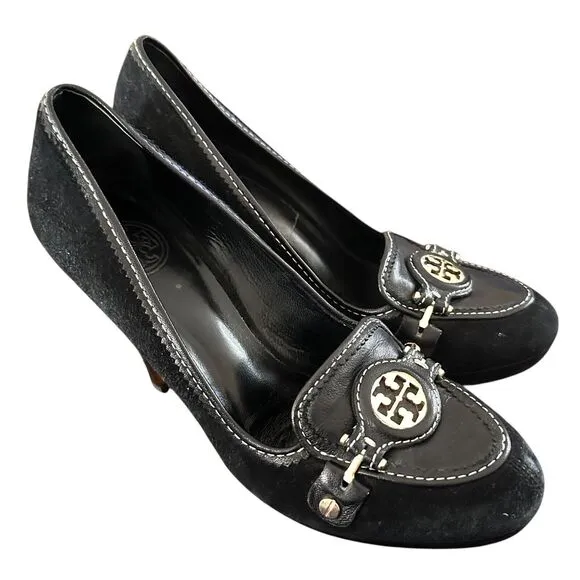 Tory Burch 7.5 Joan pump Black Suede Logo round toe Shoes