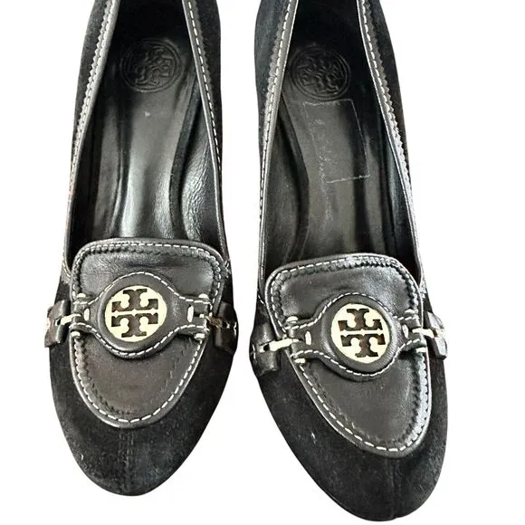 Tory Burch 7.5 Joan pump Black Suede Logo round toe Shoes