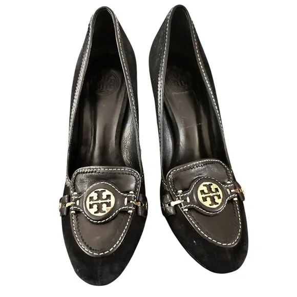 Tory Burch 7.5 Joan pump Black Suede Logo round toe Shoes