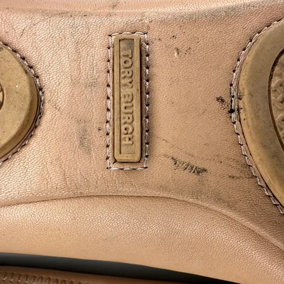 Tory Burch Beige Ballet Flats Leather Minnie Scrunch Light Oak Medallion 8M