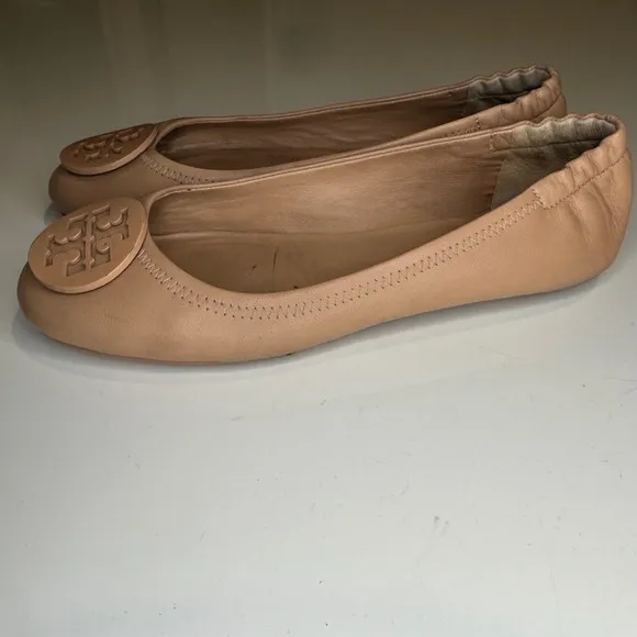 Tory Burch Beige Ballet Flats Leather Minnie Scrunch Light Oak Medallion 8M