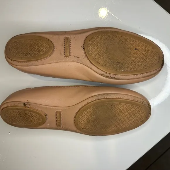 Tory Burch Beige Ballet Flats Leather Minnie Scrunch Light Oak Medallion 8M