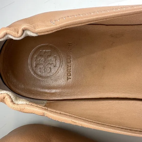 Tory Burch Beige Ballet Flats Leather Minnie Scrunch Light Oak Medallion 8M