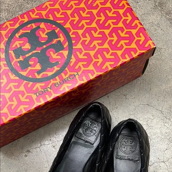 Tory Burch Black Quilted Ballet Flats with Gold Cap Toe