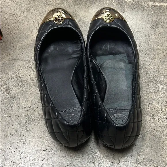 Tory Burch Black Quilted Ballet Flats with Gold Cap Toe