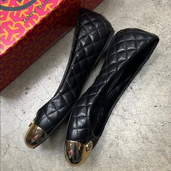 Tory Burch Black Quilted Ballet Flats with Gold Cap Toe