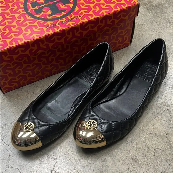 Tory Burch Black Quilted Ballet Flats with Gold Cap Toe