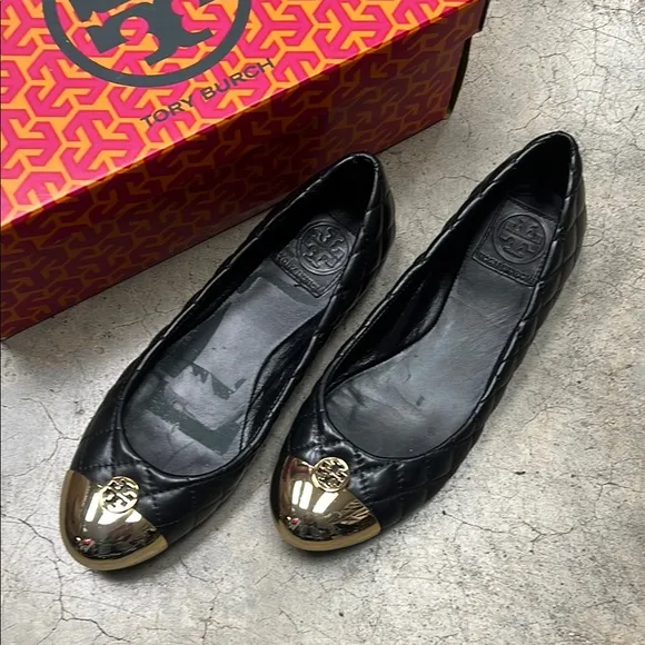 Tory Burch Black Quilted Ballet Flats with Gold Cap Toe