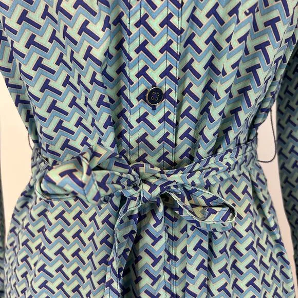 Tory Burch Blue Print Belted Button Down Silk Dress Women’s Size 2