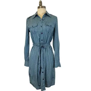 Tory Burch Blue Print Belted Button Down Silk Dress Women’s Size 2