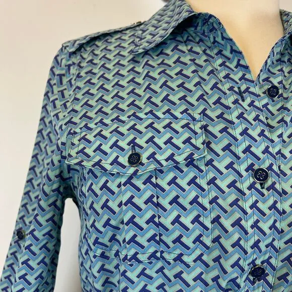 Tory Burch Blue Print Belted Button Down Silk Dress Women’s Size 2