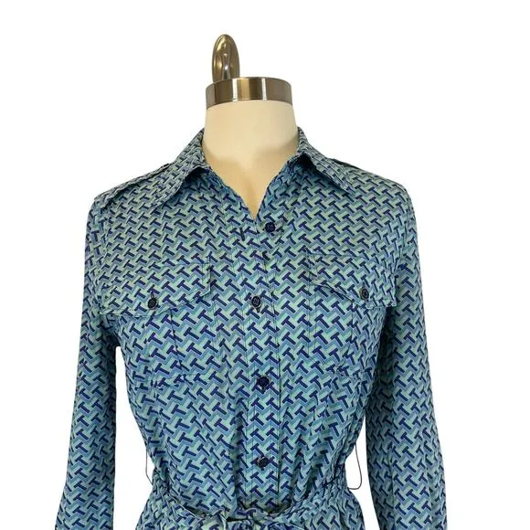 Tory Burch Blue Print Belted Button Down Silk Dress Women’s Size 2
