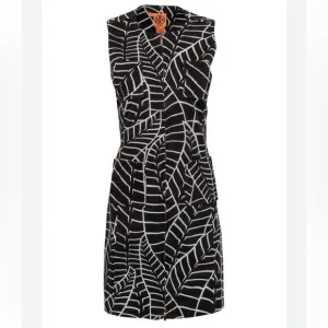 Tory Burch Brown &amp; White Leaf Print Zip-Up Corduroy Shift Dress, Size 4