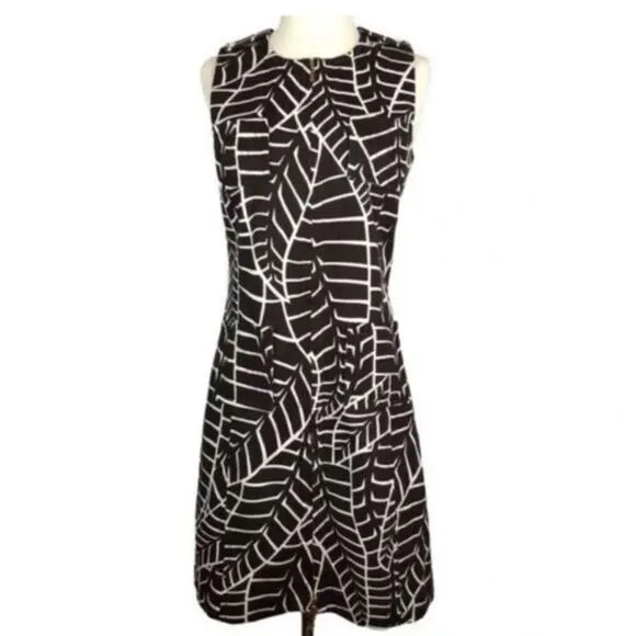 Tory Burch Brown &amp; White Leaf Print Zip-Up Corduroy Shift Dress, Size 4