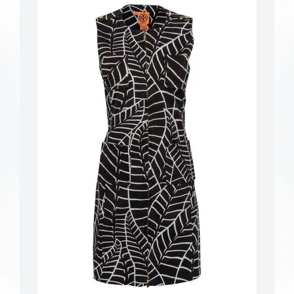 Tory Burch Brown &amp; White Leaf Print Zip-Up Corduroy Shift Dress, Size 4