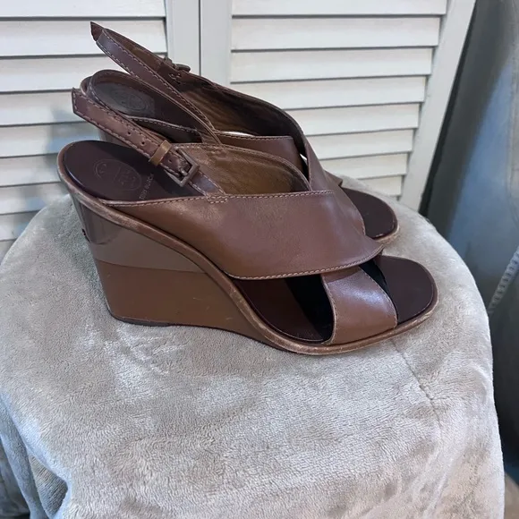 Tory Burch Brown Leather Wedge Sandals