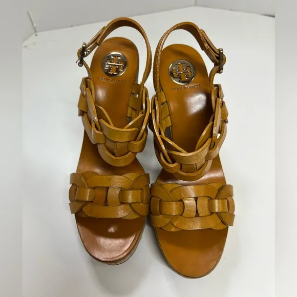 Tory Burch Calyca Wedges Leather Heeled Sandals Size 9 Braided Heels