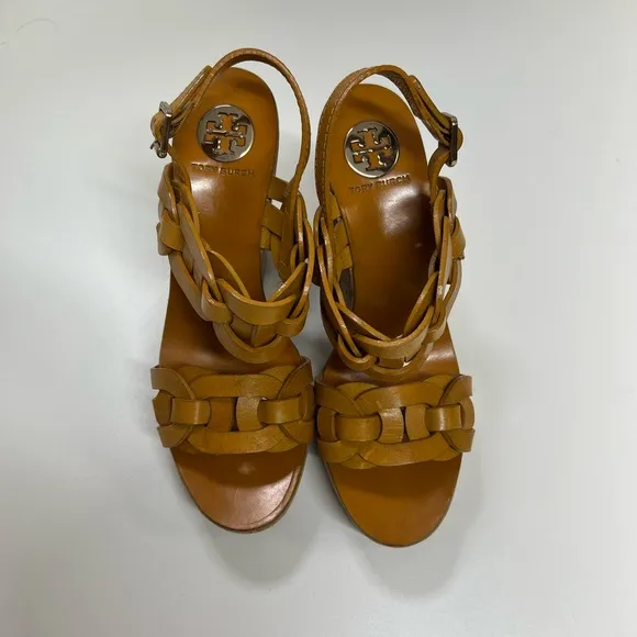 Tory Burch Calyca Wedges Leather Heeled Sandals Size 9 Braided Heels