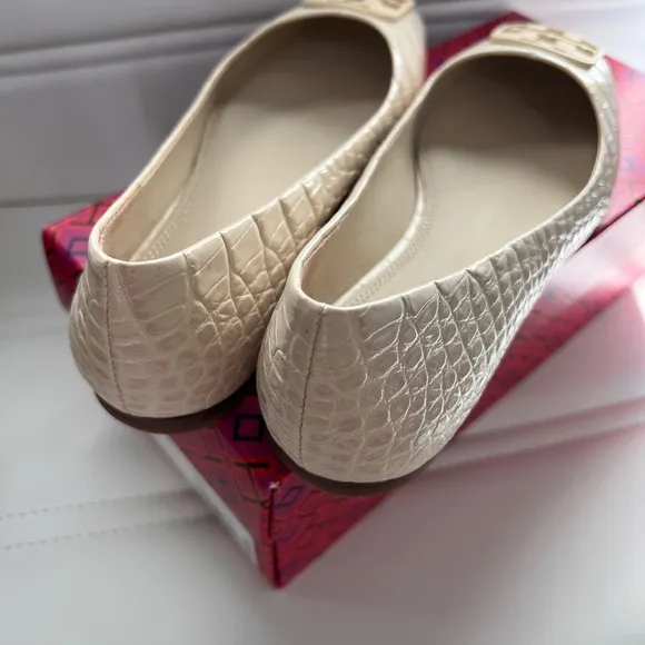 Tory Burch Cream Croc-Embossed Women's Flats